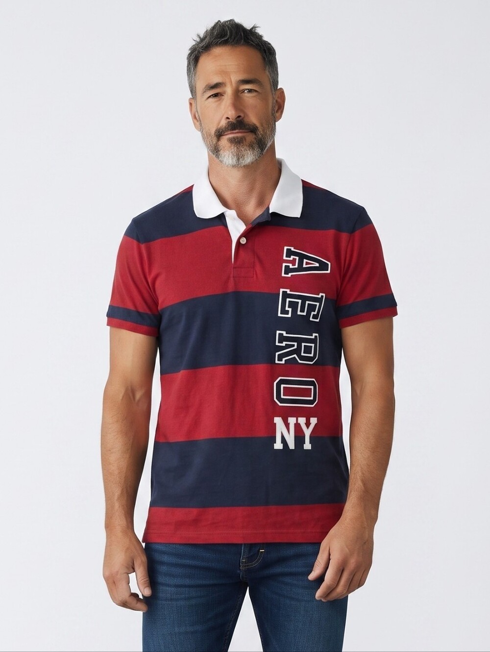 Vintage Aeropostale Red and Navy Horizontal Stripe Rugby Polo with White Collar